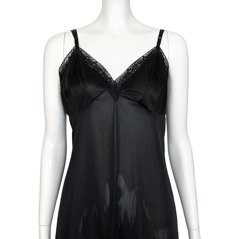 Vintage Black Satin Lingerie Slip Dress Lace Trim Chemise. M/L 22. Boho Coquette - Picture 8 of 12